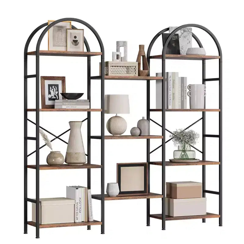 Libreria a 4 Ripiani a Triplo Arco, Nero/Marrone/Bianco, Struttura in Metallo, Scaffale Aperto