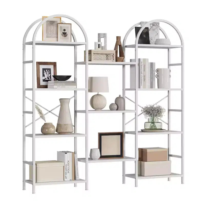 Libreria a 4 Ripiani a Triplo Arco, Nero/Marrone/Bianco, Struttura in Metallo, Scaffale Aperto