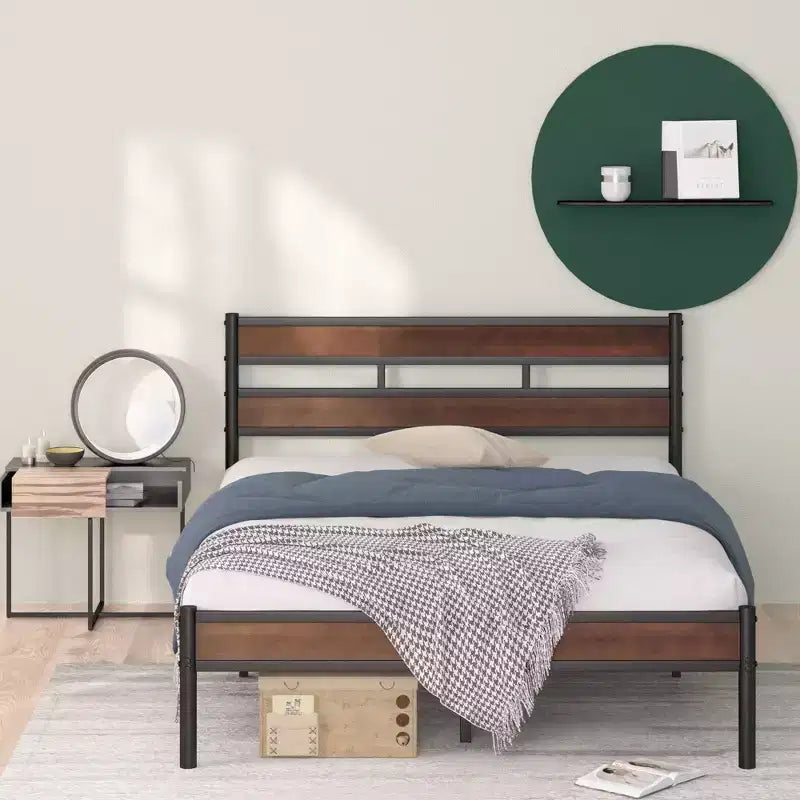 Struttura letto a piattaforma in metallo marrone e bambù, King, 1 persona