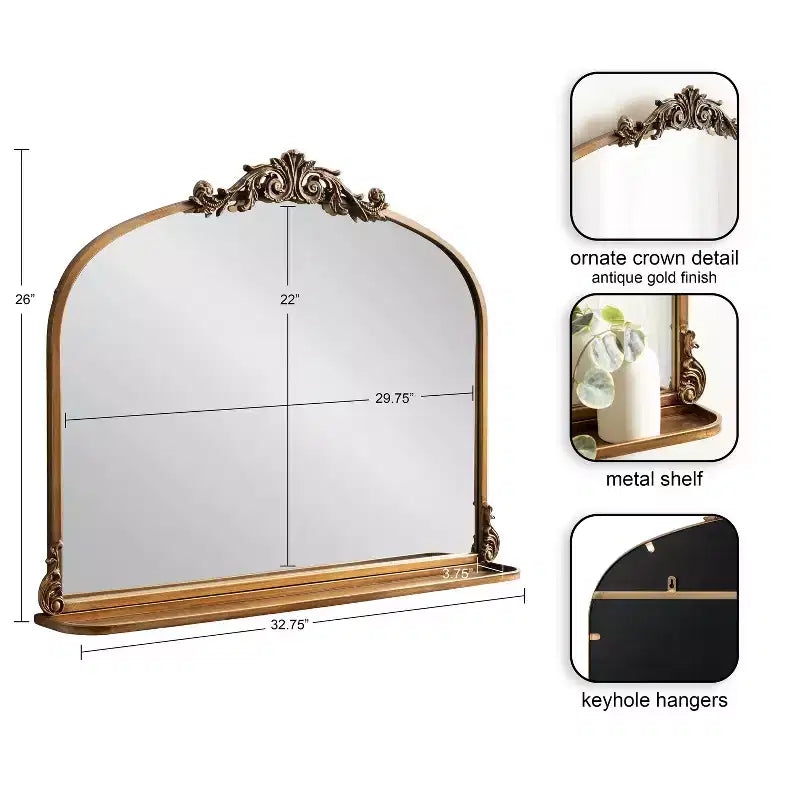 Specchio da parete ad arco nero/oro con mensola, cornice in metallo, 1 pezzo