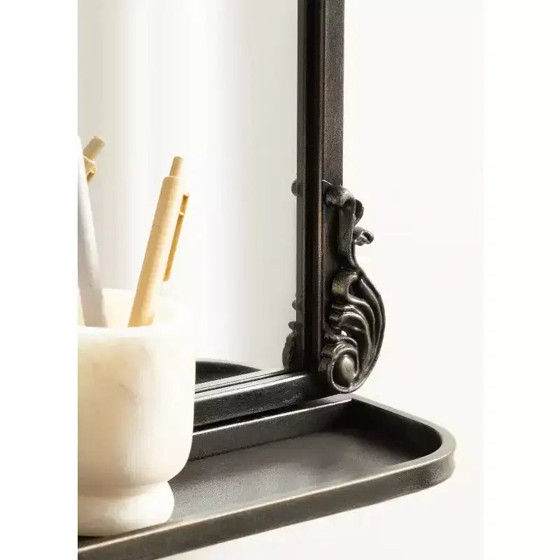 Specchio da parete ad arco nero/oro con mensola, cornice in metallo, 1 pezzo