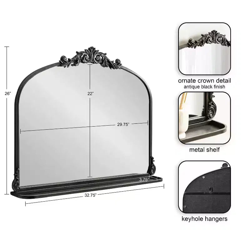 Specchio da parete ad arco nero/oro con mensola, cornice in metallo, 1 pezzo
